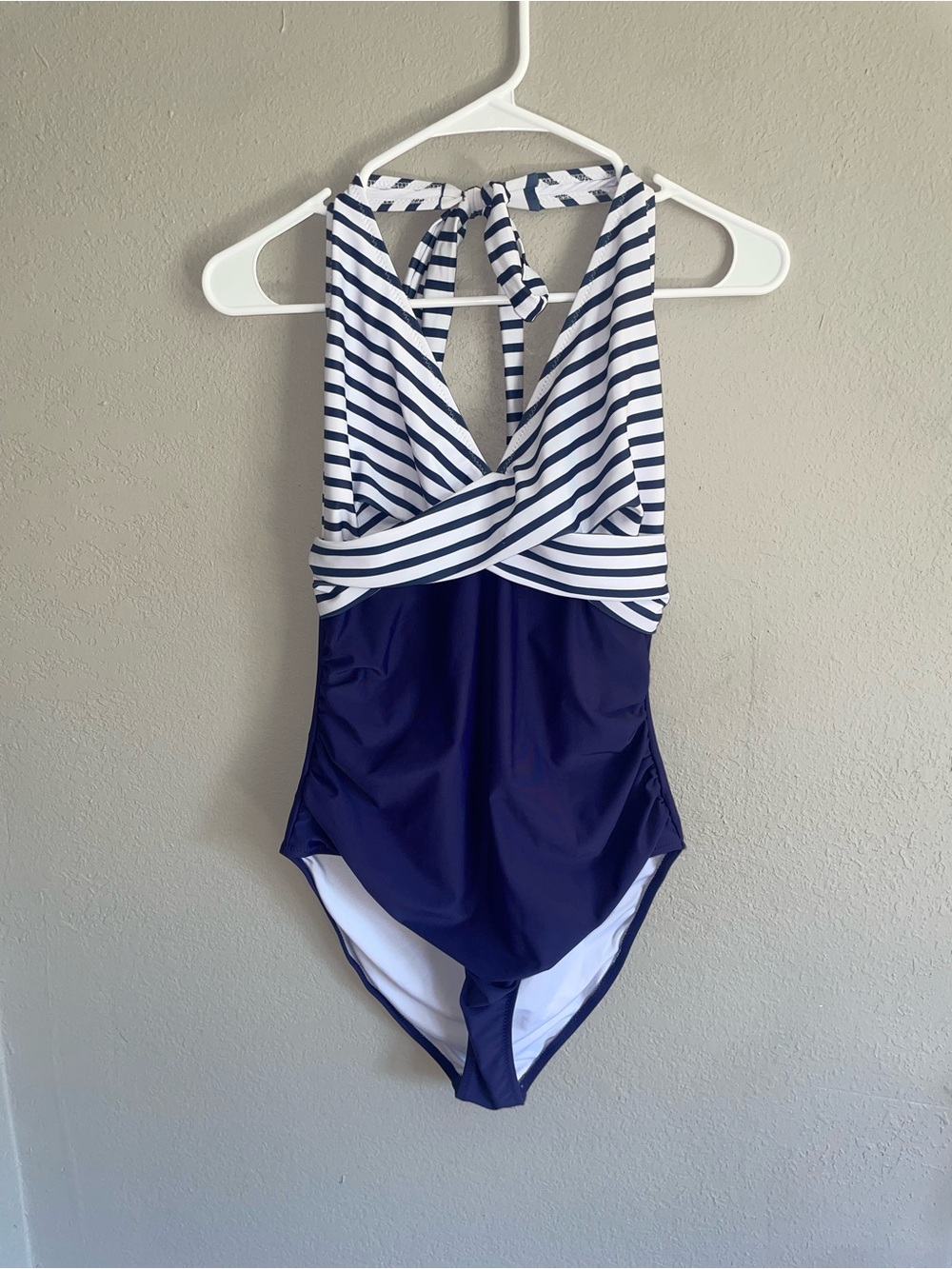 Hugo Boss Navy and White Striped Halter One-Piece Swimwear